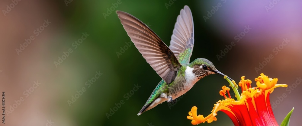 Fototapeta premium Closeup of a hummingbird midflight, feeding from a vibrant flower in nature