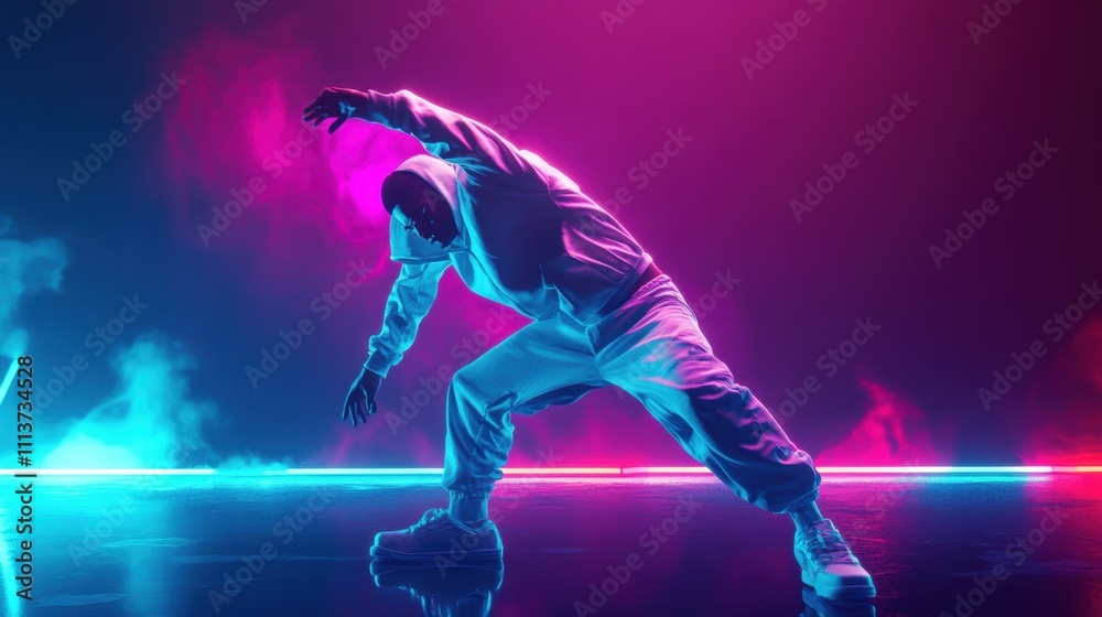 A male dancer of African descent in a stylish hoodie performs a unique dance move against vibrant neon lighting. A male dancer of African descent in a stylish hoodie performs a unique dance move against vibrant neon lighting.