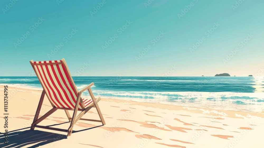 A serene beach scene featuring a striped deck chair overlooking calm blue waters. A serene beach scene featuring a striped deck chair overlooking calm blue waters.