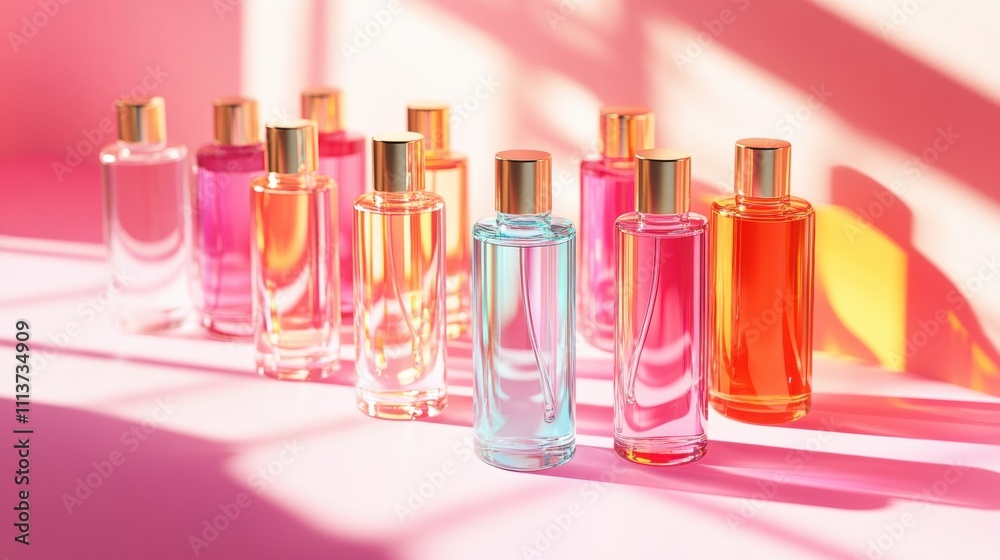 Colorful array of perfume bottles in varying shades, elegantly arranged with a soft gradient background, evoking a sense of luxury. Colorful array of perfume bottles in varying shades, elegantly arranged with a soft gradient background, evoking a sense of luxury.