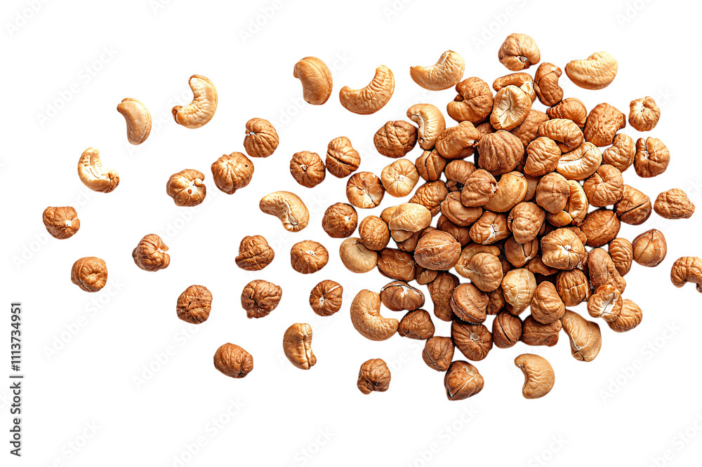 Obraz premium Roasted cashews nuts scattered isolated transparent background