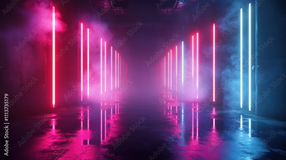 A captivating corridor illuminated by vibrant pink and blue neon lights, creating a futuristic atmosphere. A captivating corridor illuminated by vibrant pink and blue neon lights, creating a futuristic atmosphere.