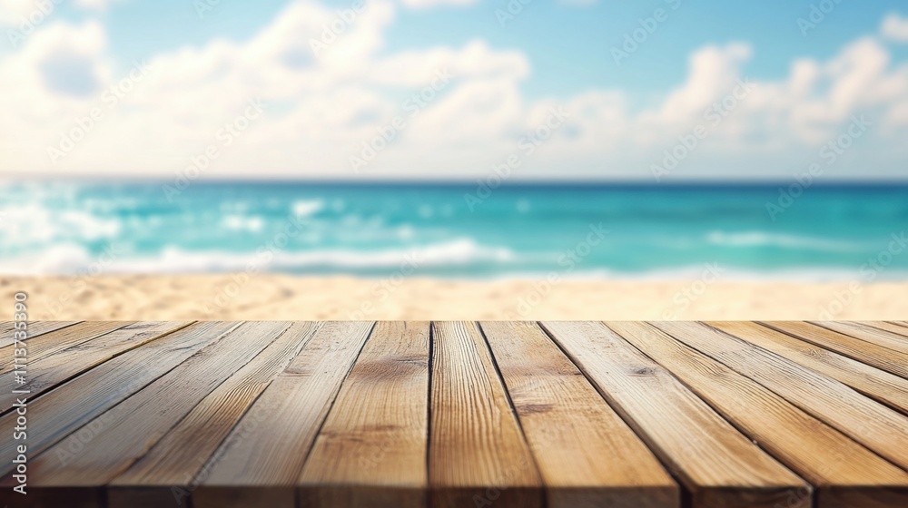 Wooden tabletop with a beach background, evoking a serene and relaxed atmosphere. Wooden tabletop with a beach background, evoking a serene and relaxed atmosphere.