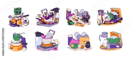 Heap of dishes before and after wash set. Piles of dirty and clean plates, bowls, cups. Stacks of different kitchenware, tableware, kitchen utensils. Flat isolated vector illustrations on white