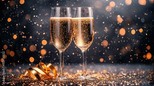 New Year's Eve Celebration Champagne Toast Greeting Card with Gold Confetti and Ribbons