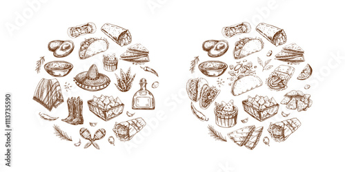 Hand-drawn Mexican cuisine with tacos, burritos, nachos and tequila