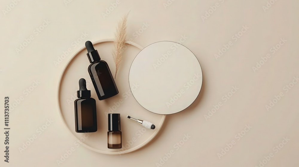 Minimalist flat lay of skin care bottles and a face roller arranged in a circular design around a blank white circle, set against a smooth, pale beige background; ideal for a modern branding concept, Minimalist flat lay of skin care bottles and a face roller arranged in a circular design around a blank white circle, set against a smooth, pale beige background; ideal for a modern branding concept,