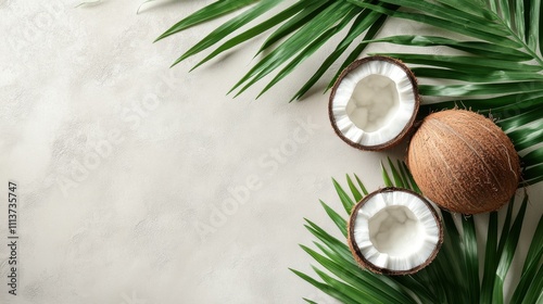 Two halved coconuts surrounded by green palm leaves on a textured surface.