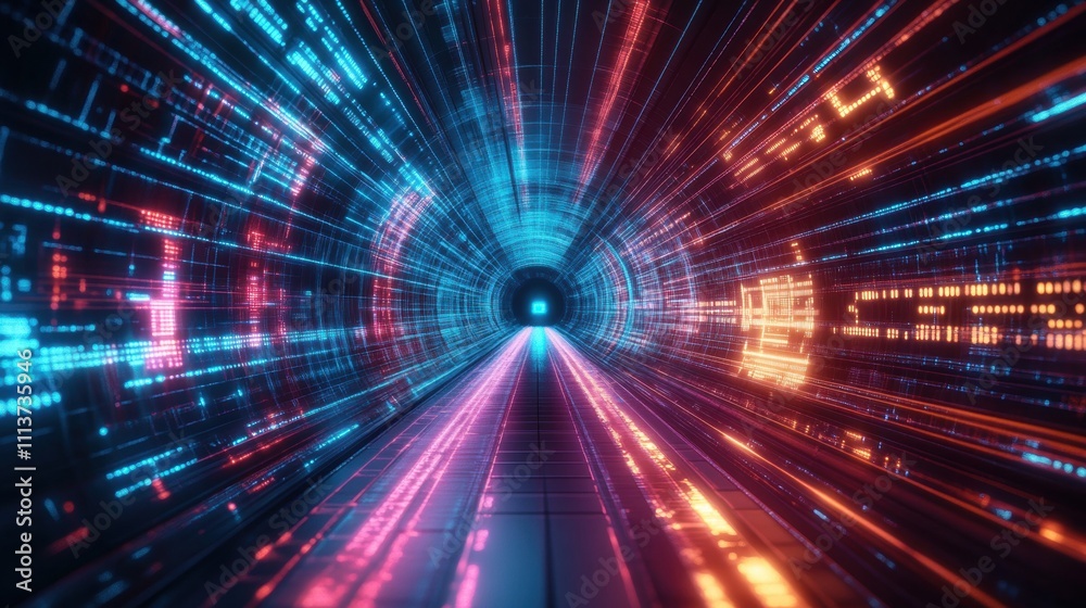Futuristic digital tunnel with vibrant blue and orange light trails, creating a sense of speed and technology. Futuristic digital tunnel with vibrant blue and orange light trails, creating a sense of speed and technology.