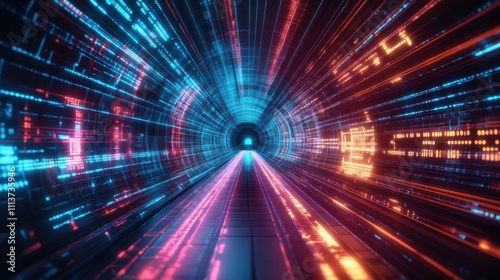 Futuristic digital tunnel with vibrant blue and orange light trails, creating a sense of speed and technology.