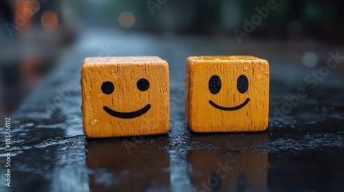 emotional state and mental health concept smile face on bright side and sad face on dark side of wooden block cube for positive mindset selectio photo