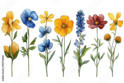 A collection of colorful, illustrated flowers arranged in a row.