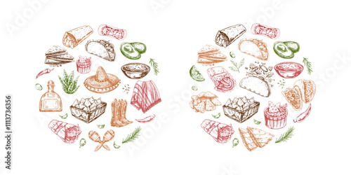 Hand-drawn Mexican food sketch tacos tequila nachos guacamole chili lime