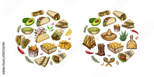 Hand-drawn colorful Mexican food with tacos, burritos and tequila
