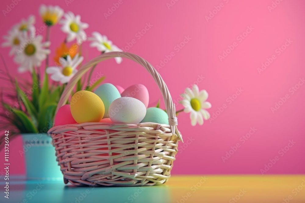 Pastel Easter Eggs in a White Wicker Basket with Daisies Pastel Easter Eggs in a White Wicker Basket with Daisies
