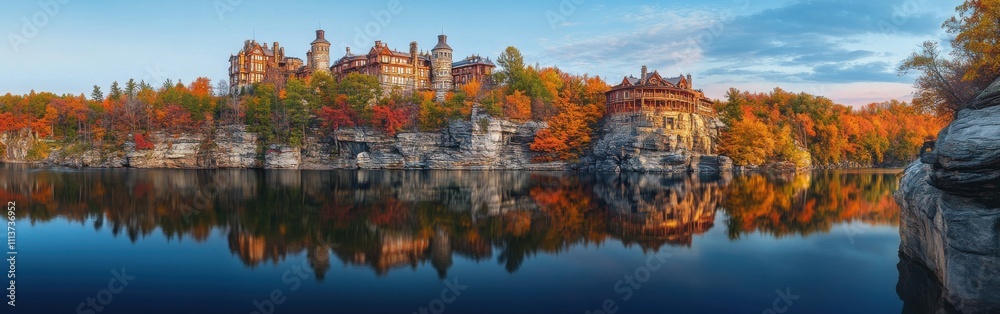 Vibrant fall colors envelop the landscape, with the historic Mohonk Mountain House perched above tranquil waters, creating a picturesque sunset reflection. Vibrant fall colors envelop the landscape, with the historic Mohonk Mountain House perched above tranquil waters, creating a picturesque sunset reflection.