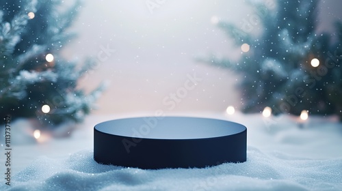 Round black podium surrounded by snow with festive lights in background
