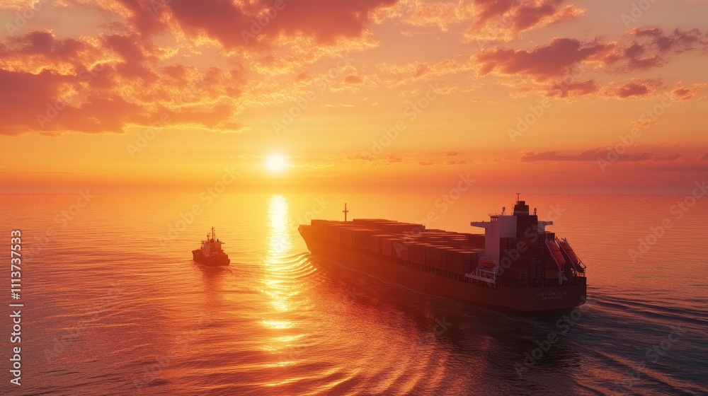 Cargo ship and tugboat at sunset on calm waters