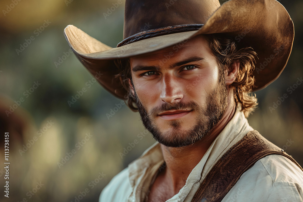 Portrait photo of a candid muscular young handsome cowboy wearing hat, man with wavy hair and a short beard, , standing looking at the camera. american rancho and horses blured background Portrait photo of a candid muscular young handsome cowboy wearing hat, man with wavy hair and a short beard, , standing looking at the camera. american rancho and horses blured background