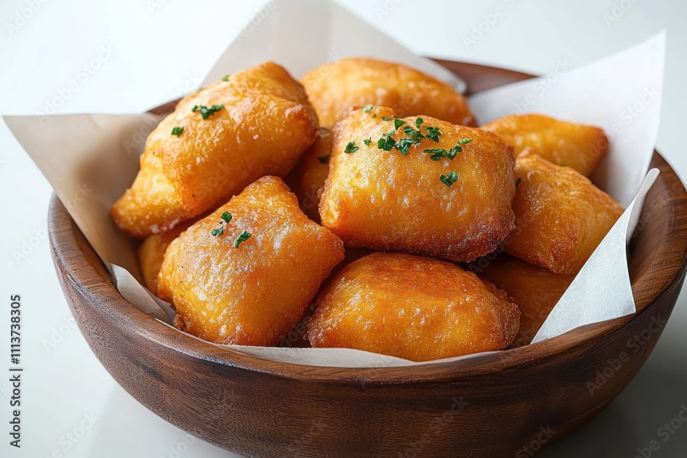 Golden Fried Pastries in Rustic Wooden Bowl Golden Fried Pastries in Rustic Wooden Bowl