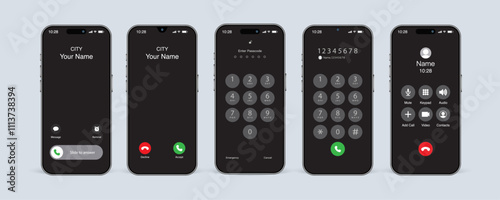 Incoming Call, Slide to Answer, and Unlock Screen. Smartphone Calling App Interface Vector Illustration.