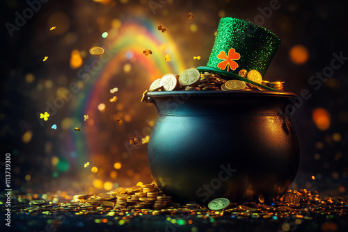 traditional st patrick day cauldron full of golden coins, rainbow behind,  leprechaun hat , blurred confetti flying around, isolated on a black background photo