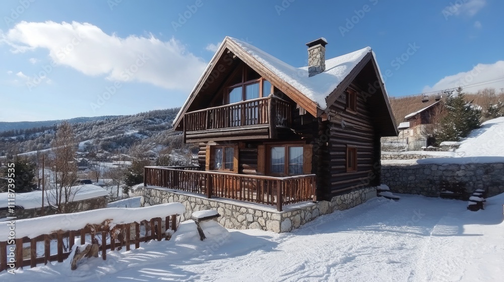 Wooden chalet in snowy mountain landscape. Wooden chalet in snowy mountain landscape.