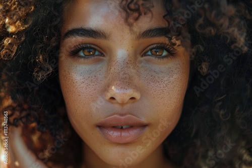 Close up portrait of a beautiful female fashion model with curly hair