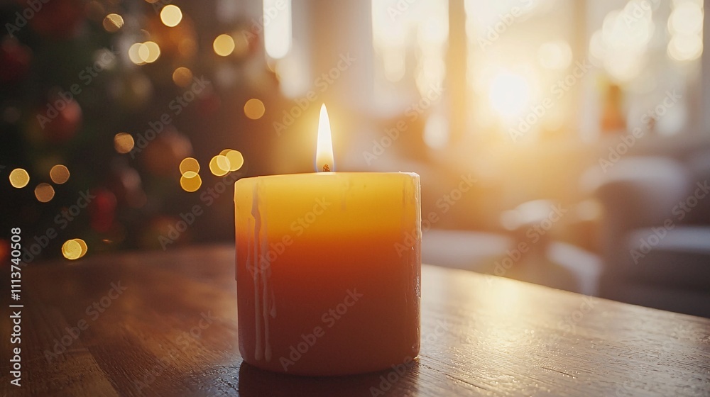 Serenity at Midnight - Close-up of Glowing Candle Marking Last Seconds, Festive Atmosphere Background Serenity at Midnight - Close-up of Glowing Candle Marking Last Seconds, Festive Atmosphere Background