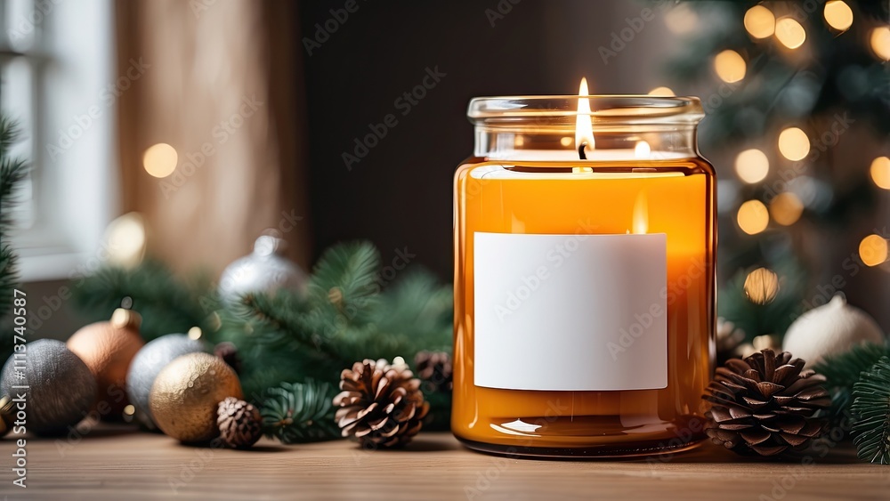 A burning candle in a festive, Christmas-decorated house interior is featured in this mockup of an amber glass candle jar with a blank white label. Holiday décor that is tasteful, warm, and seasonal-
