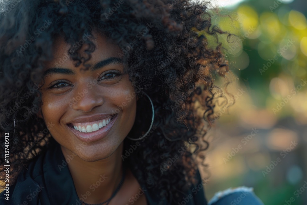Close up portrait of a smiling african american woman with curly hair sitting outdoors Close up portrait of a smiling african american woman with curly hair sitting outdoors