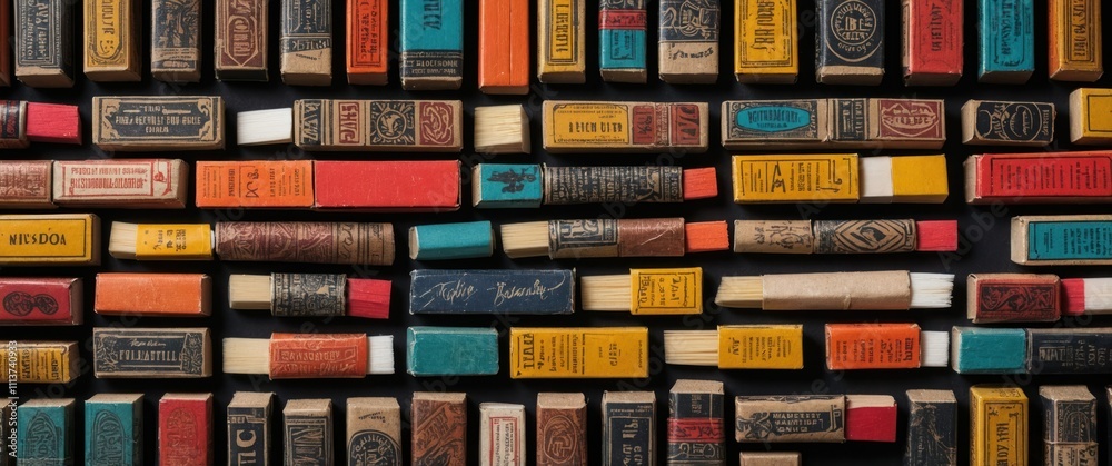 Obraz premium A vibrant display of matchboxes on a black background, showcasing nostalgic collectibles
