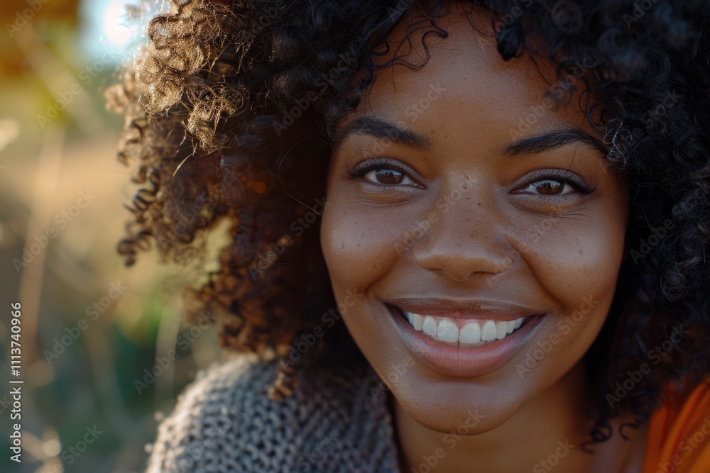 Close up portrait of a smiling african american woman with curly hair sitting outdoors Close up portrait of a smiling african american woman with curly hair sitting outdoors