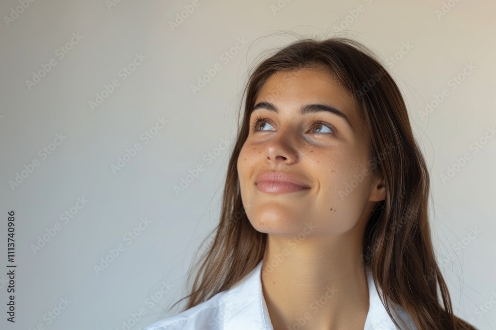 Fototapeta premium Close up portrait of a smiling business woman thinking on isolated white background