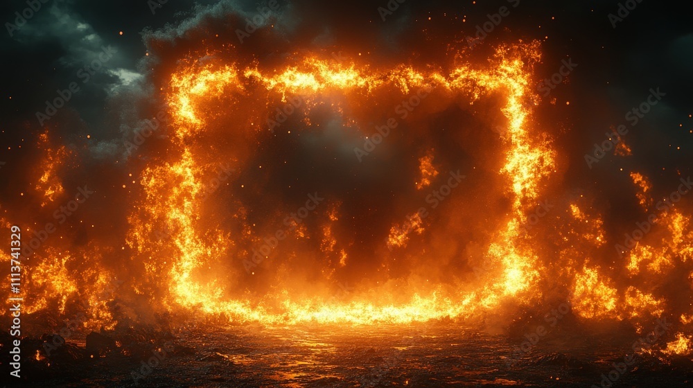 Dramatic Fire Frame with Fiery Flames Creating a Glowing Rectangle Against a Dark Cloudy Sky in a Powerful Visual Display of Heat and Light Dramatic Fire Frame with Fiery Flames Creating a Glowing Rectangle Against a Dark Cloudy Sky in a Powerful Visual Display of Heat and Light
