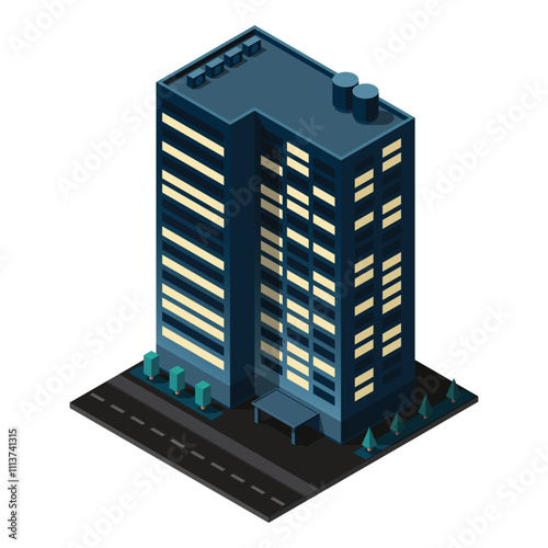 Isometric city building at night. Isometric modern building. Skyscraper building or business office. Vector illustration