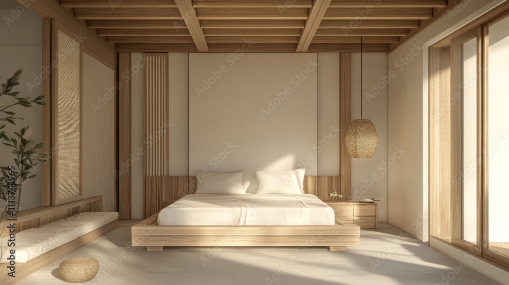 Serene Minimalist Bedroom With Wooden Accents And Natural Light Serene Minimalist Bedroom With Wooden Accents And Natural Light