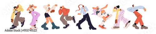 Happy people dance set. Young dancers listen to music in headphones and move. Modern men, women in earphones have fun, perform to audio. Flat isolated vector illustrations on white background