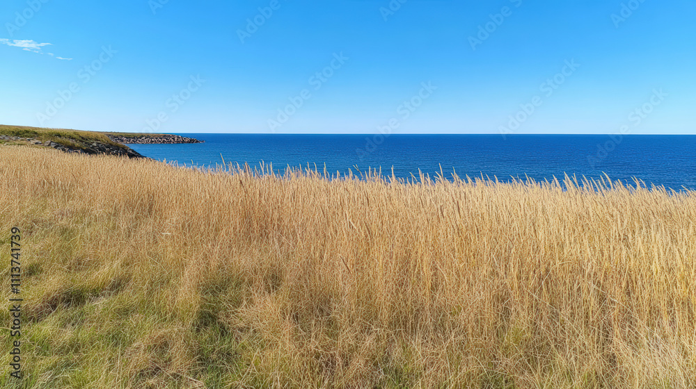 Tranquil Coastal Landscape with Tall Grass under Clear Blue Sky and Calm Sea, Perfect for Nature and Outdoor Themes Tranquil Coastal Landscape with Tall Grass under Clear Blue Sky and Calm Sea, Perfect for Nature and Outdoor Themes