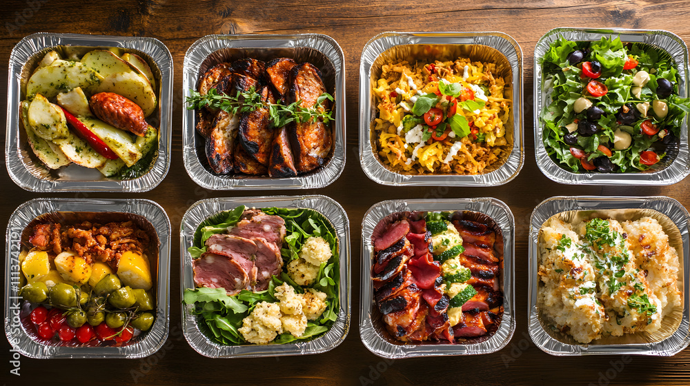 A Captivating Bird's Eye View of Five Dishes in Aluminium Trays for Fifteen Guests in a Cozy Bistro Setting