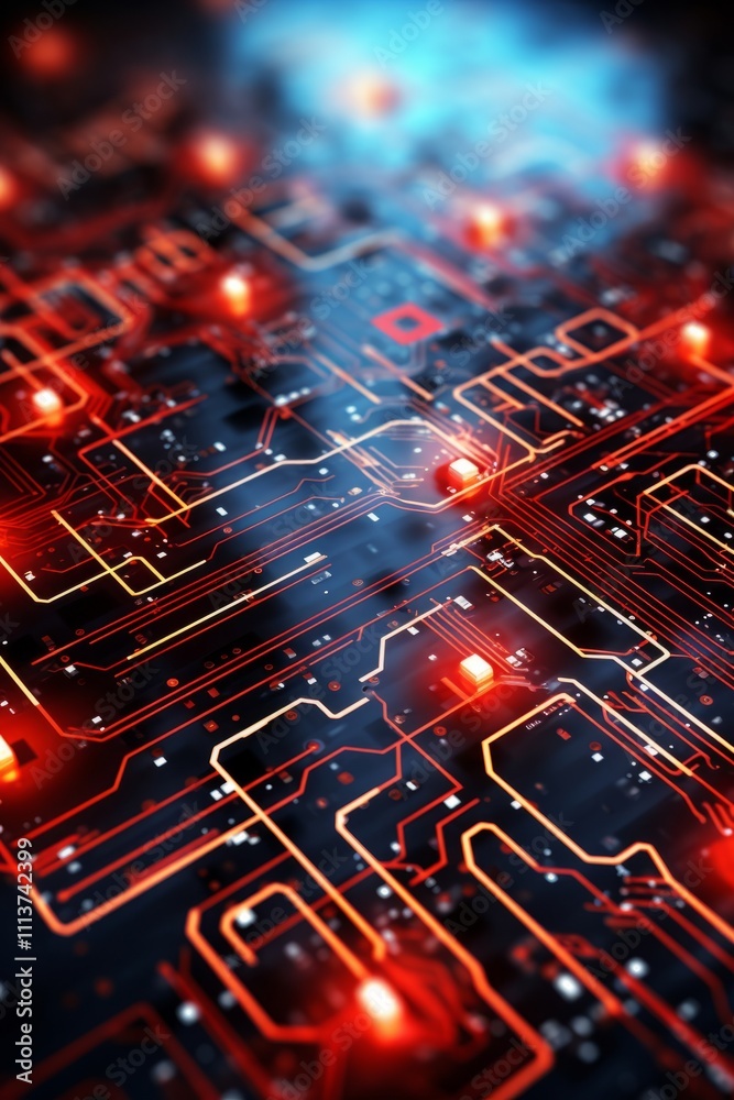 Complex electronic pathways illuminate a futuristic circuit board, symbolizing the flow of information in the digital age, vertical Complex electronic pathways illuminate a futuristic circuit board, symbolizing the flow of information in the digital age, vertical