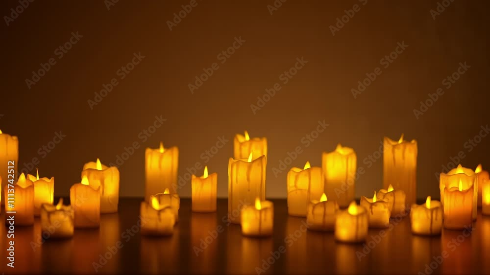 Many lit candles of varying sizes cast warm, inviting glow in dimly lit room, creating peaceful and atmospheric ambiance. Lot small burning candles in dark room, nobody. Shooting in slow motion.
