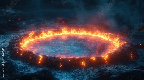 Luminous Lava Circle with Fiery Flames Surrounded by Dark Rocks in a Mystical Landscape Capturing the Beauty of Volcanic Activity and Natural Wonders