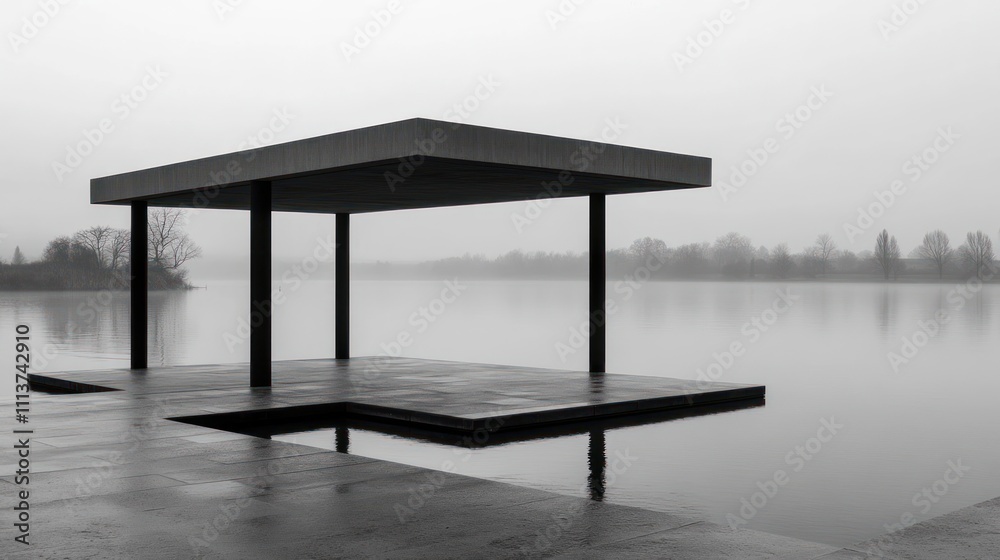 Modern Lakeside Pavilion Calm Foggy Day Modern Lakeside Pavilion Calm Foggy Day