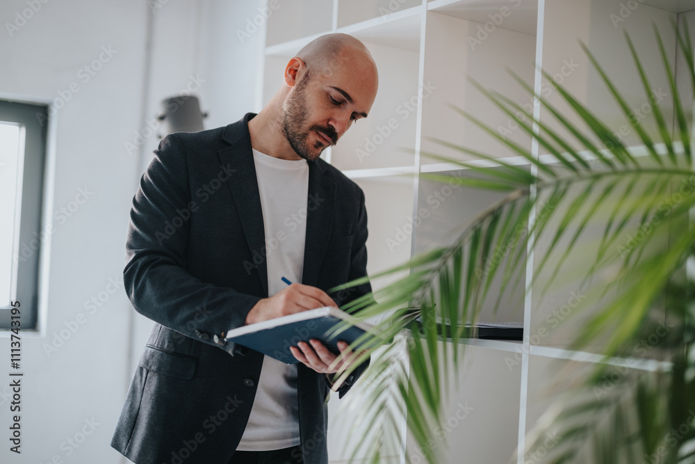 Professional businessman stands in modern office, writing notes in a notebook. The setting features a verdant indoor plant, adding a fresh touch to the clean, contemporary space. Professional businessman stands in modern office, writing notes in a notebook. The setting features a verdant indoor plant, adding a fresh touch to the clean, contemporary space.