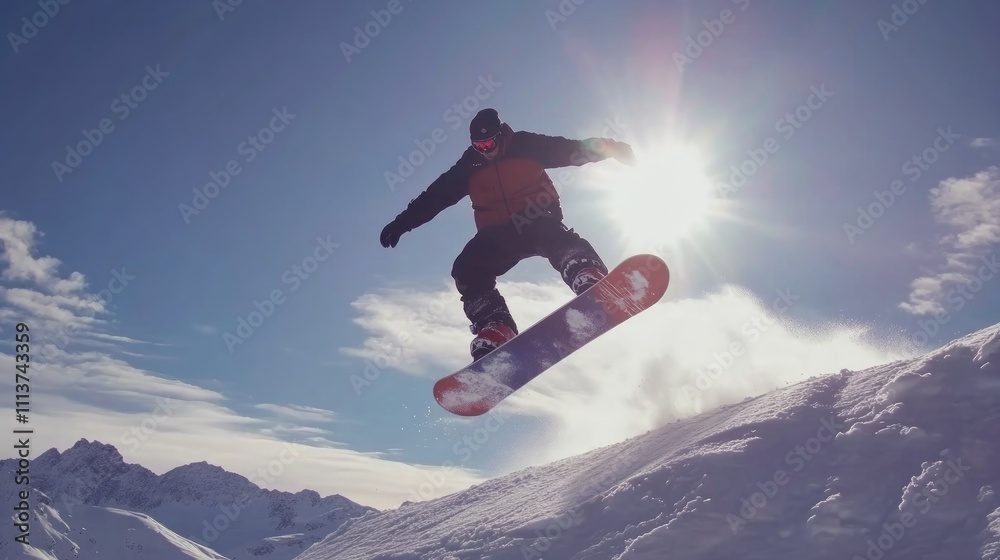 Snowboarder performing a jump mid-air against a bright sunny sky with mountains in the background. Snowboarder performing a jump mid-air against a bright sunny sky with mountains in the background.