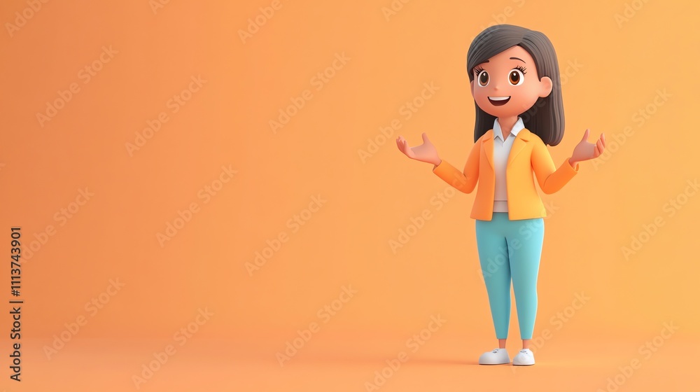A cartoon woman with dark hair and an orange jacket smiles and gestures with her hands. A cartoon woman with dark hair and an orange jacket smiles and gestures with her hands.