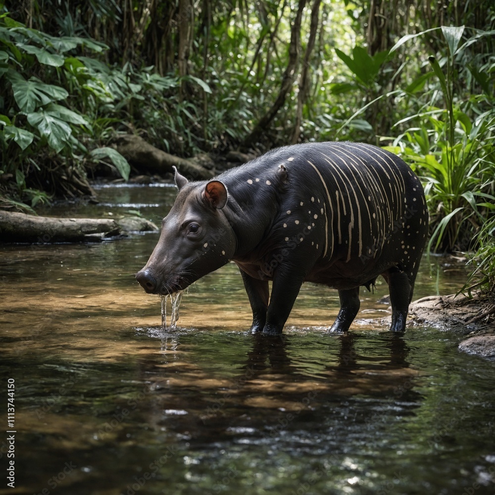 Fototapeta premium A tapir drinking from a serene jungle stream.