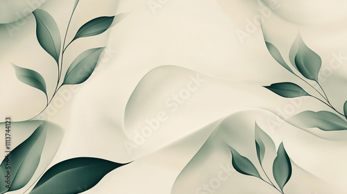 Elegant Beige Fabric with Green Leaves  Abstract Floral Design