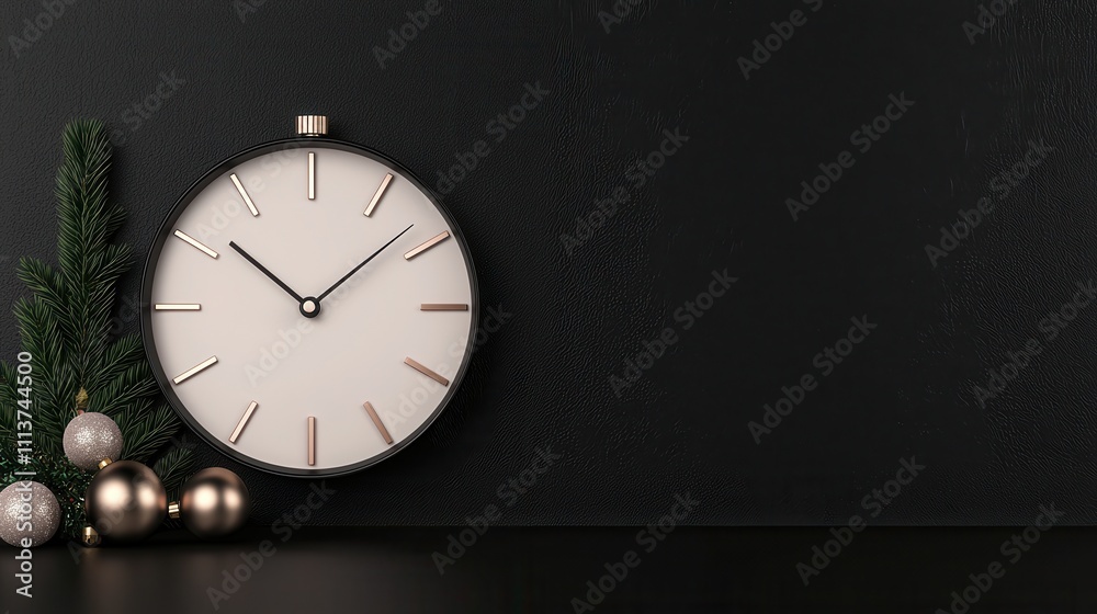 custom made wallpaper toronto digitalA minimalist clock beside festive ornaments and greenery against a dark background, evoking a sense of time and celebration.